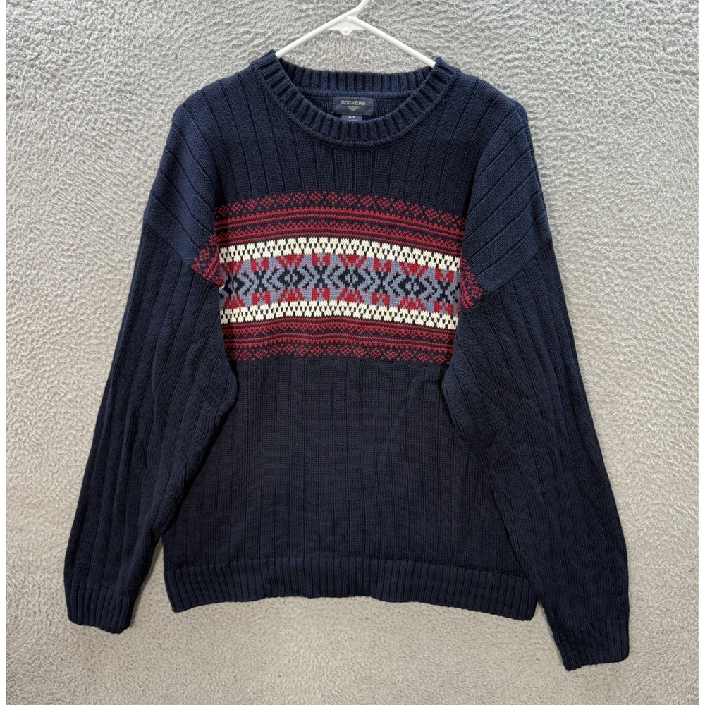 Dockers Sweater Adult Medium Blue Fair Isle Geometric Crewneck Grandpa Old Money